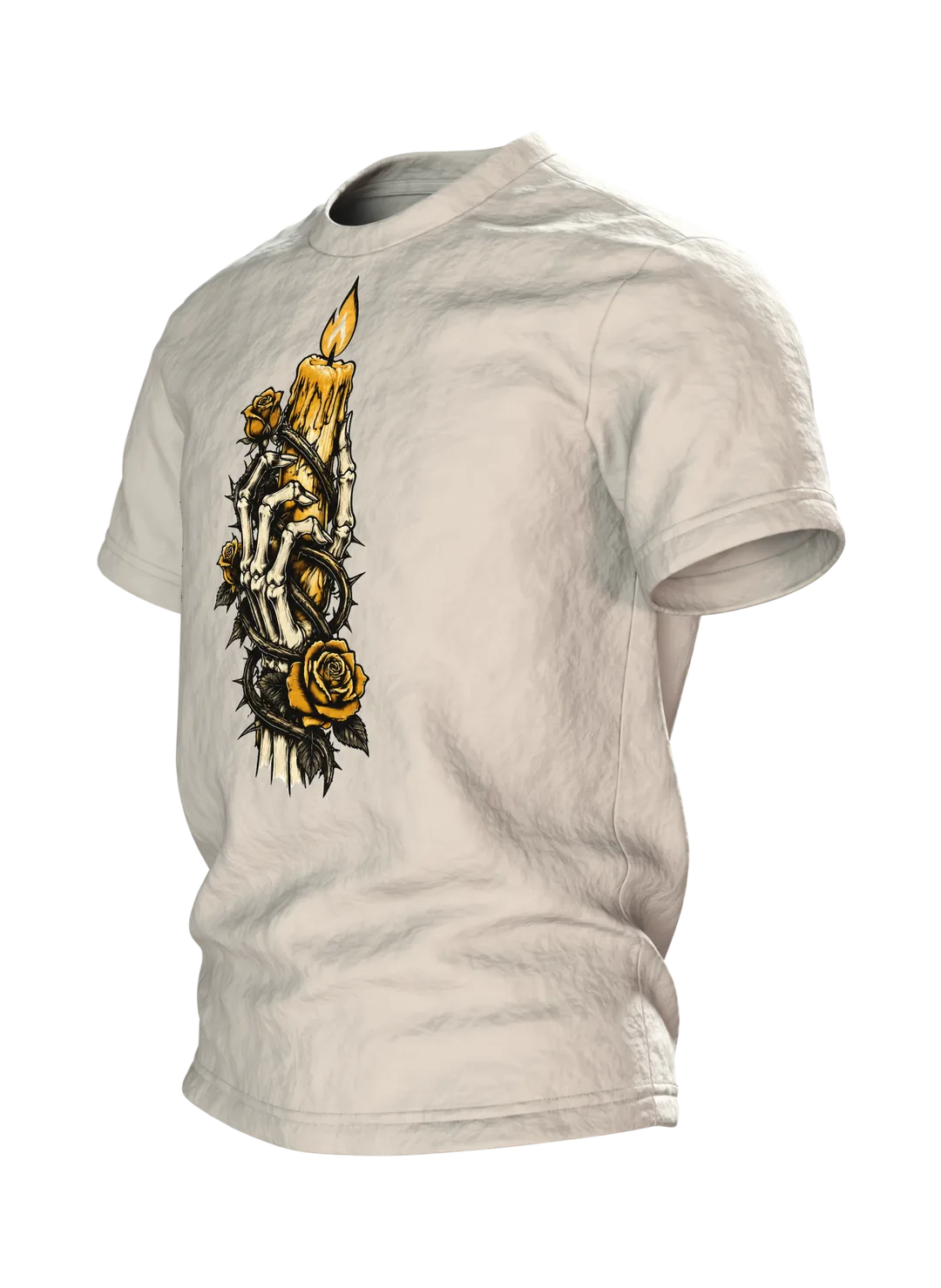 Skelett Hand mit Kerze und Rosen T-Shirt, Tattoo-Flash-Stil in Schwarz und Gold, Seitenansicht rechts