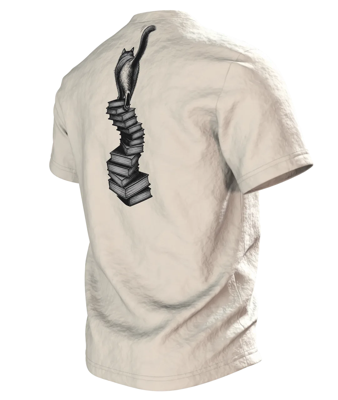 Katze mit Brille auf dem Bücherstapel T-Shirt, Vintage-Illustration in Sepia und Dunkelrot, Rückseite schräg links