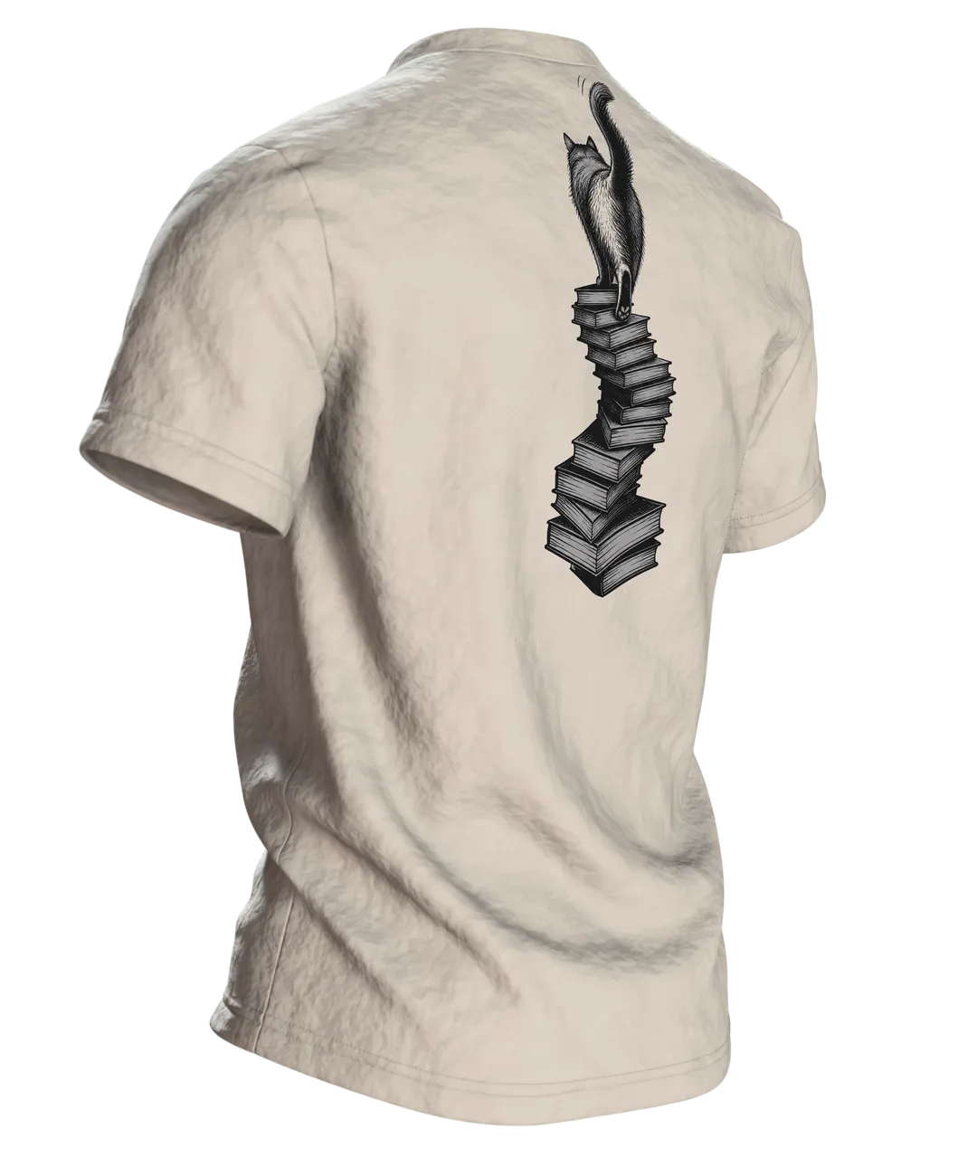 Katze mit Brille auf dem Bücherstapel T-Shirt, Vintage-Illustration in Sepia und Dunkelrot, Rückseite schräg rechts