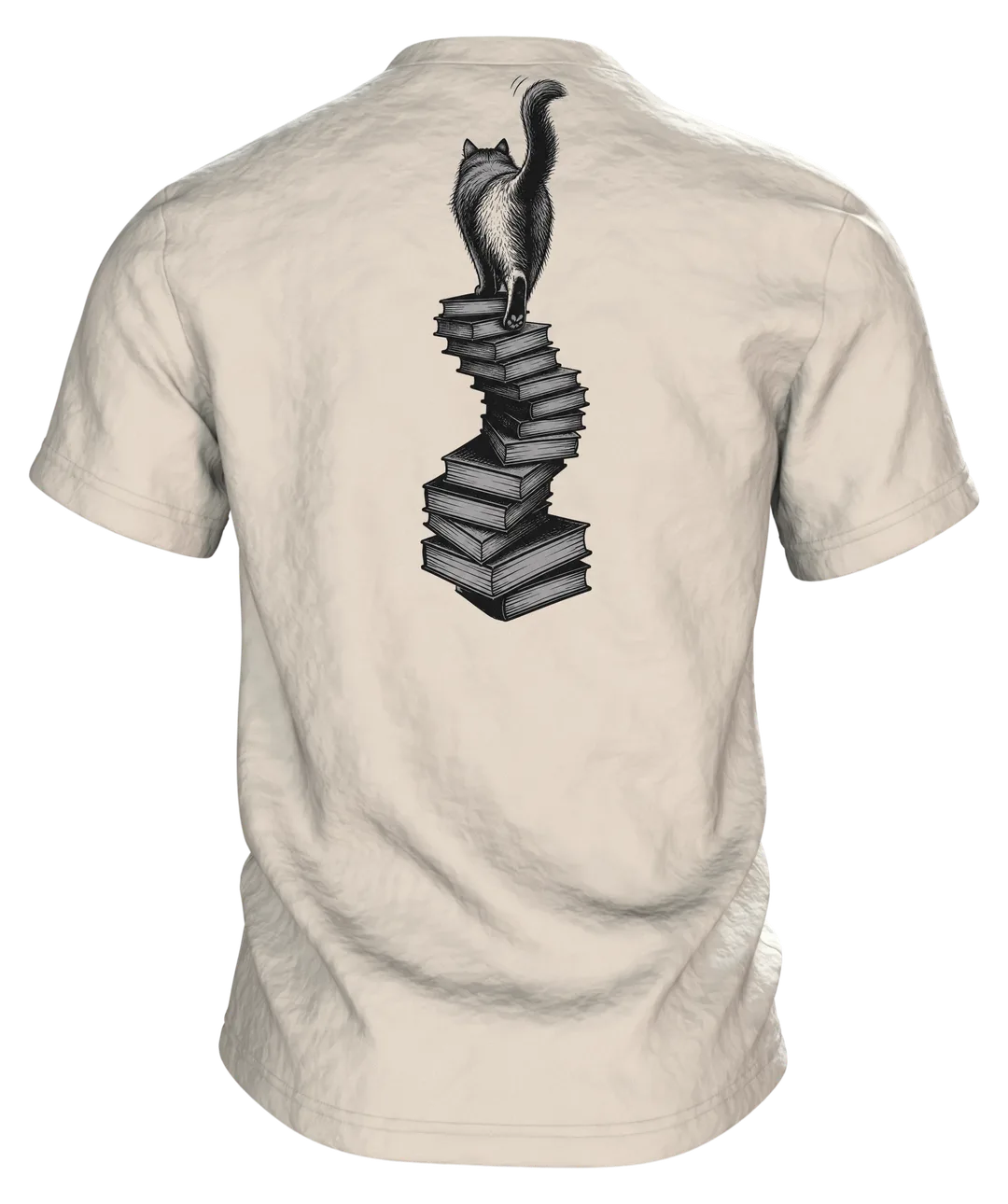 Katze mit Brille auf dem Bücherstapel T-Shirt, Vintage-Illustration in Sepia und Dunkelrot, Rückseite
