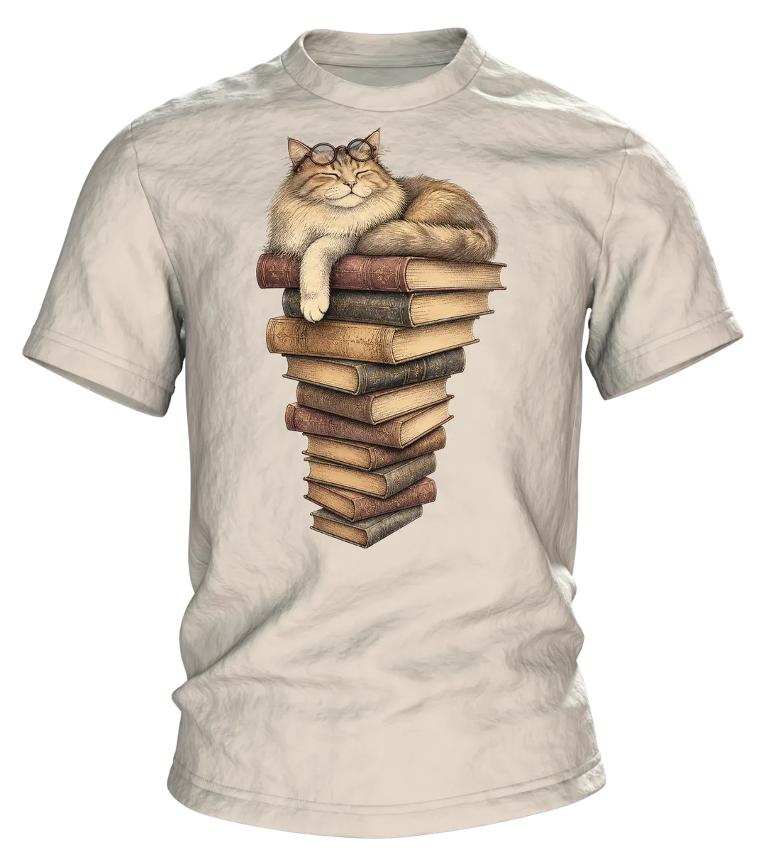Katze mit Brille auf dem Bücherstapel T-Shirt, Vintage-Illustration in Sepia und Dunkelrot