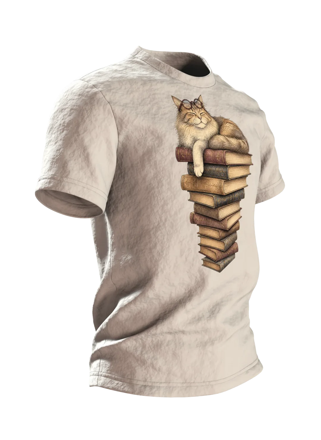 Katze mit Brille auf dem Bücherstapel T-Shirt, Vintage-Illustration in Sepia und Dunkelrot, Seitenansicht links