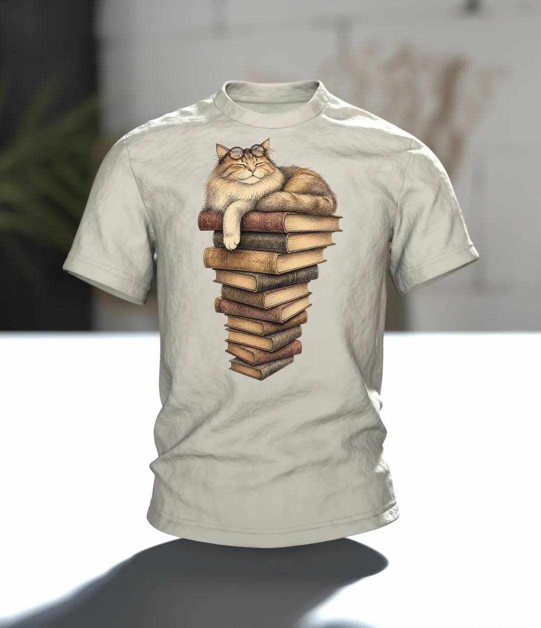 Katze mit Brille auf dem Bücherstapel T-Shirt, Vintage-Illustration in Sepia und Dunkelrot, Im Raum