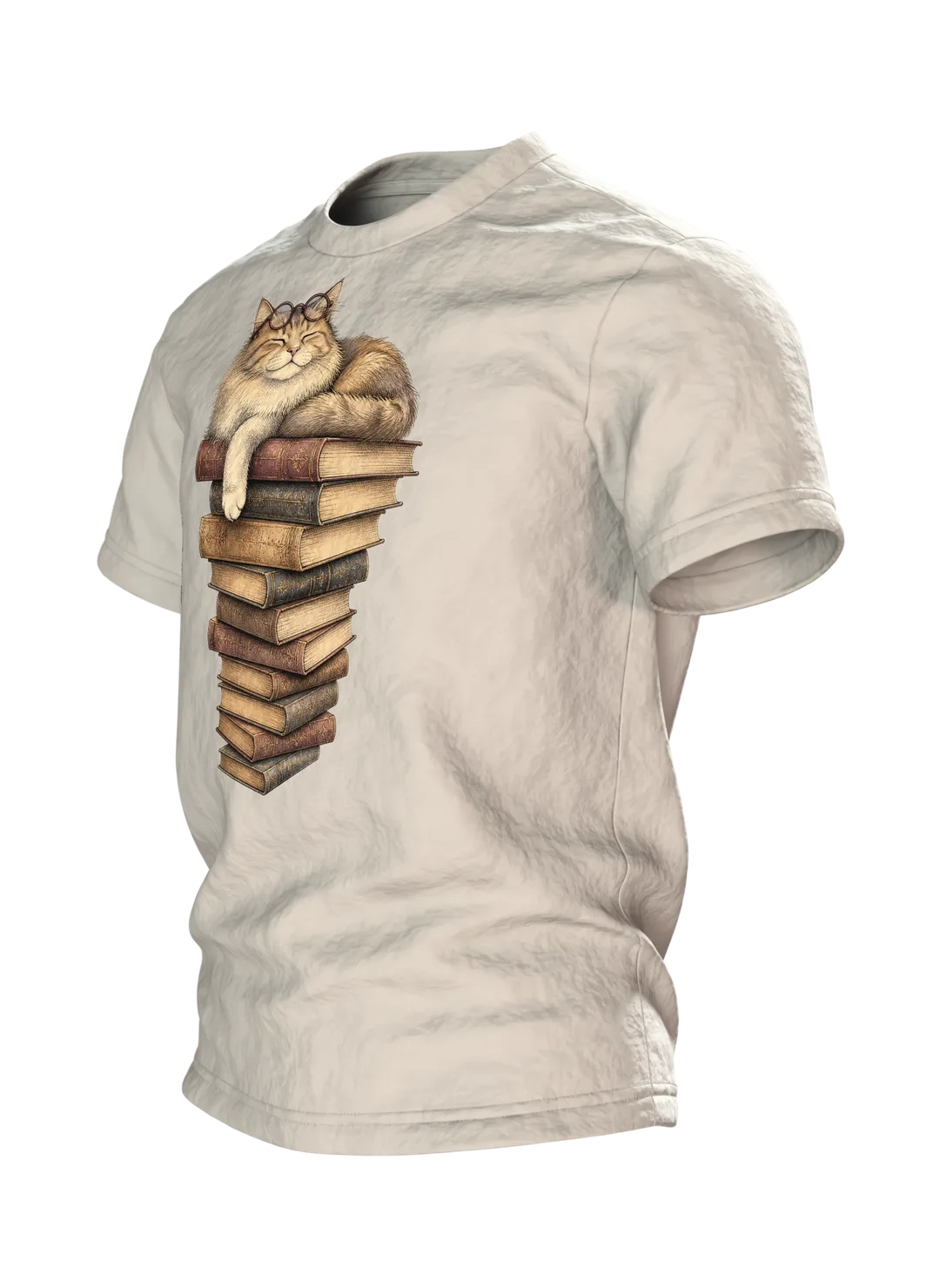 Katze mit Brille auf dem Bücherstapel T-Shirt, Vintage-Illustration in Sepia und Dunkelrot, Seitenansicht rechts