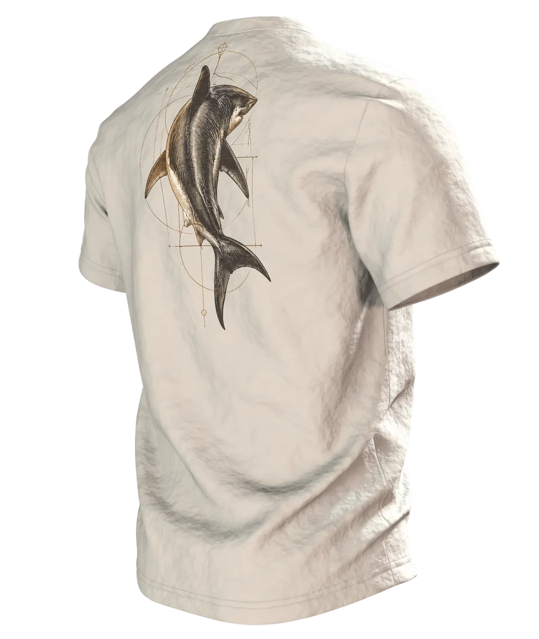 Weißer Hai T-Shirt: wissenschaftliche Hai-Studie im Vintage-Naturkunde-Stil, Rückseite schräg links