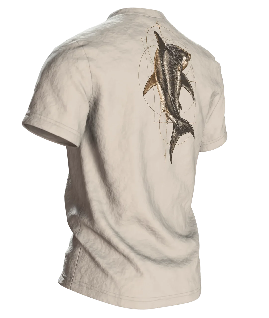 Weißer Hai T-Shirt: wissenschaftliche Hai-Studie im Vintage-Naturkunde-Stil, Rückseite schräg rechts