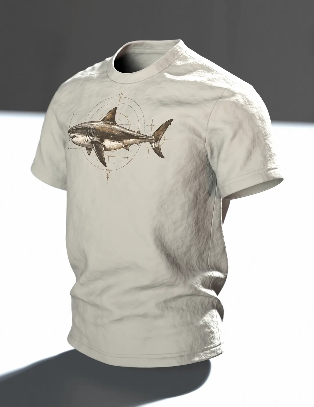 Weißer Hai T-Shirt: wissenschaftliche Hai-Studie im Vintage-Naturkunde-Stil, Im Raum, schräg