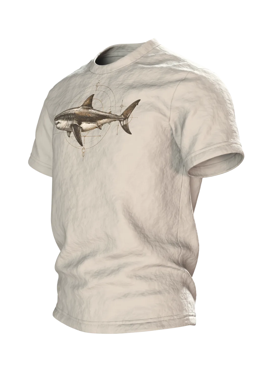 Weißer Hai T-Shirt: wissenschaftliche Hai-Studie im Vintage-Naturkunde-Stil, Seitenansicht rechts