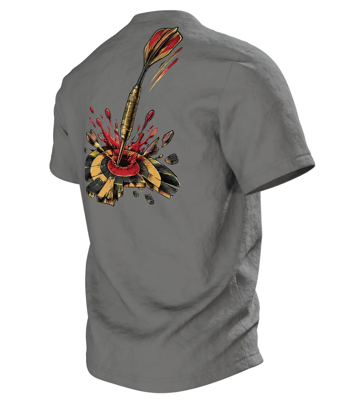 Dartpfeil Bullseye Farbsplash T-Shirt: Retro Sport Design, Rückseite schräg links