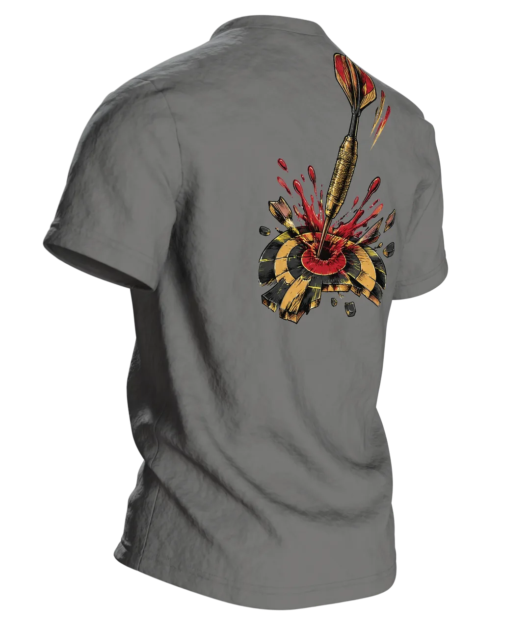 Dartpfeil Bullseye Farbsplash T-Shirt: Retro Sport Design, Rückseite schräg rechts