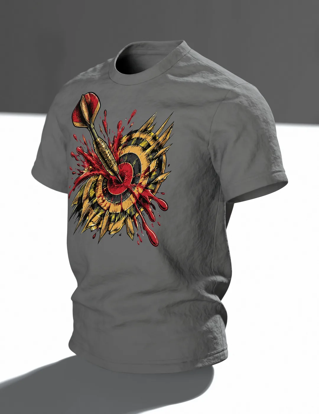Dartpfeil Bullseye Farbsplash T-Shirt: Retro Sport Design, Im Raum, schräg