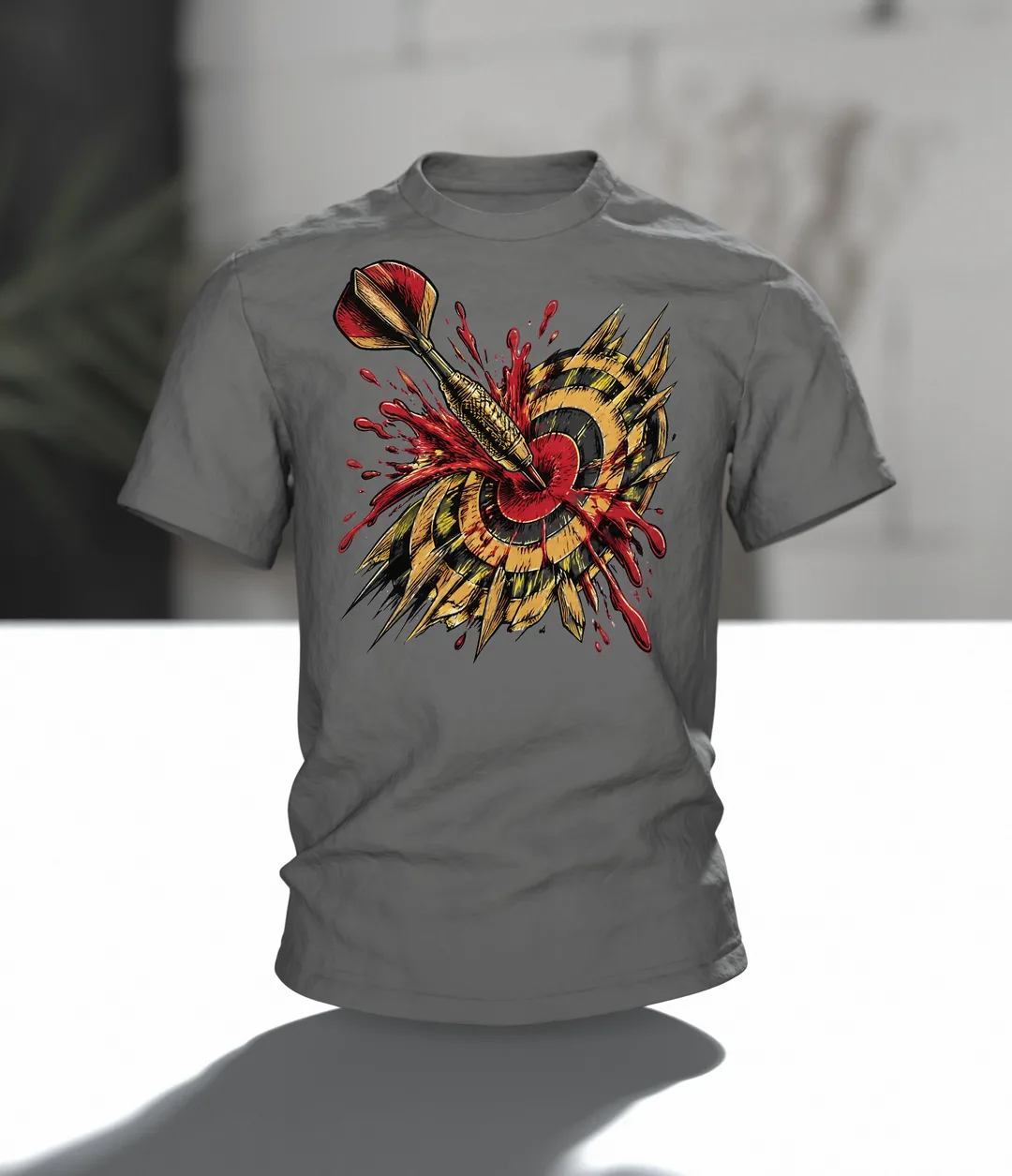 Dartpfeil Bullseye Farbsplash T-Shirt: Retro Sport Design, Im Raum