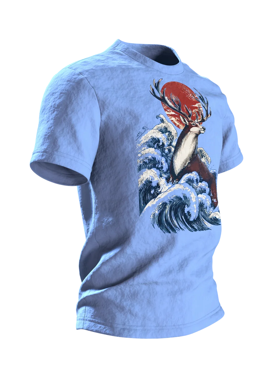 Majestätisches Rentier Holzschnitt T-Shirt: Japanischer Stil, Seitenansicht links