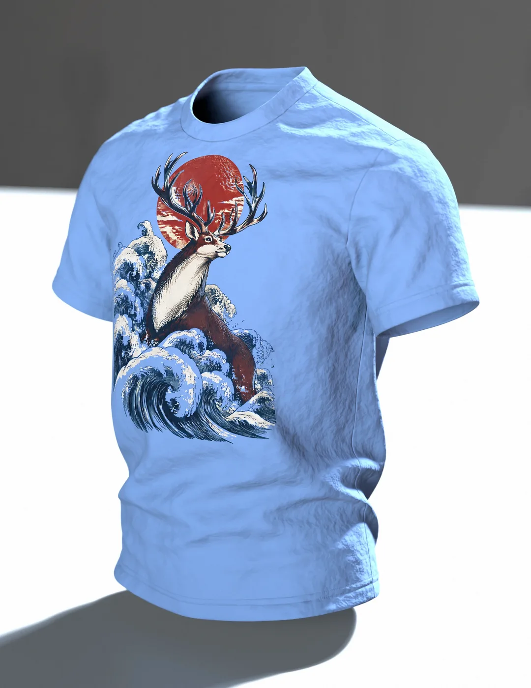 Majestätisches Rentier Holzschnitt T-Shirt: Japanischer Stil, Im Raum, schräg