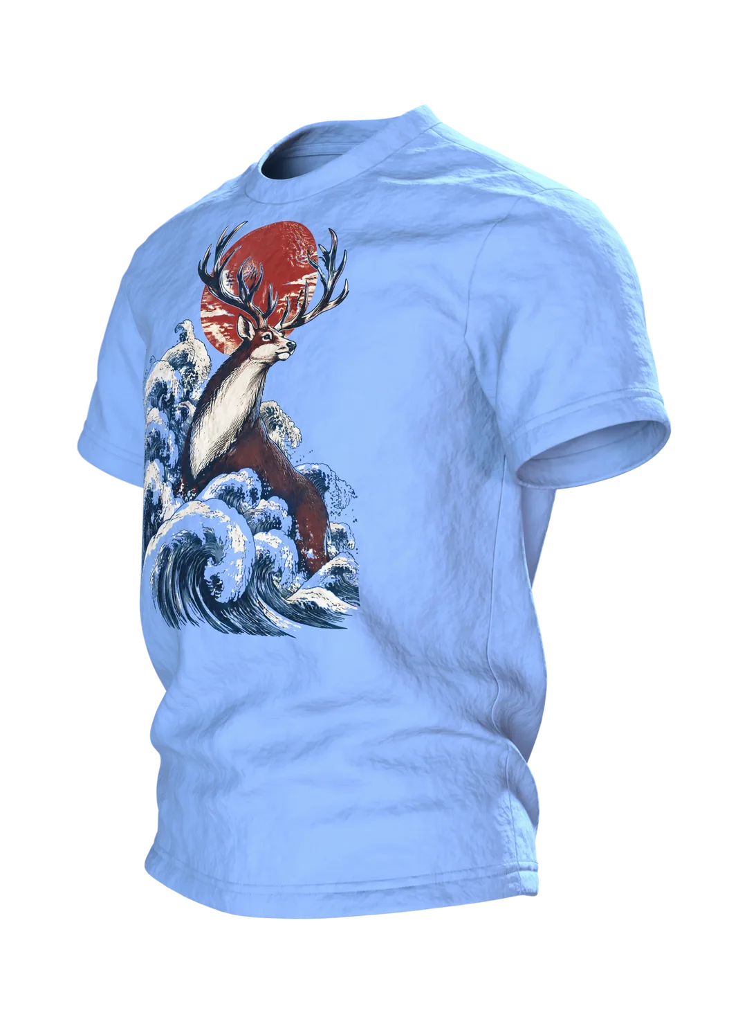 Majestätisches Rentier Holzschnitt T-Shirt: Japanischer Stil, Seitenansicht rechts