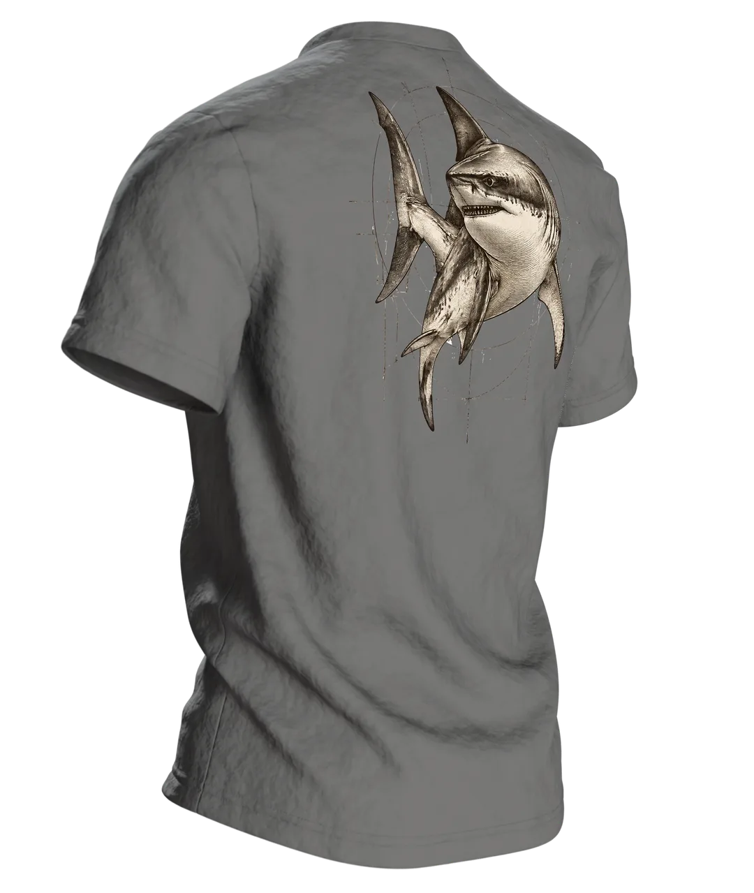 Weißer Hai Naturkunde Tafel T-Shirt: Vintage Wissenschaftsdesign, Rückseite schräg rechts