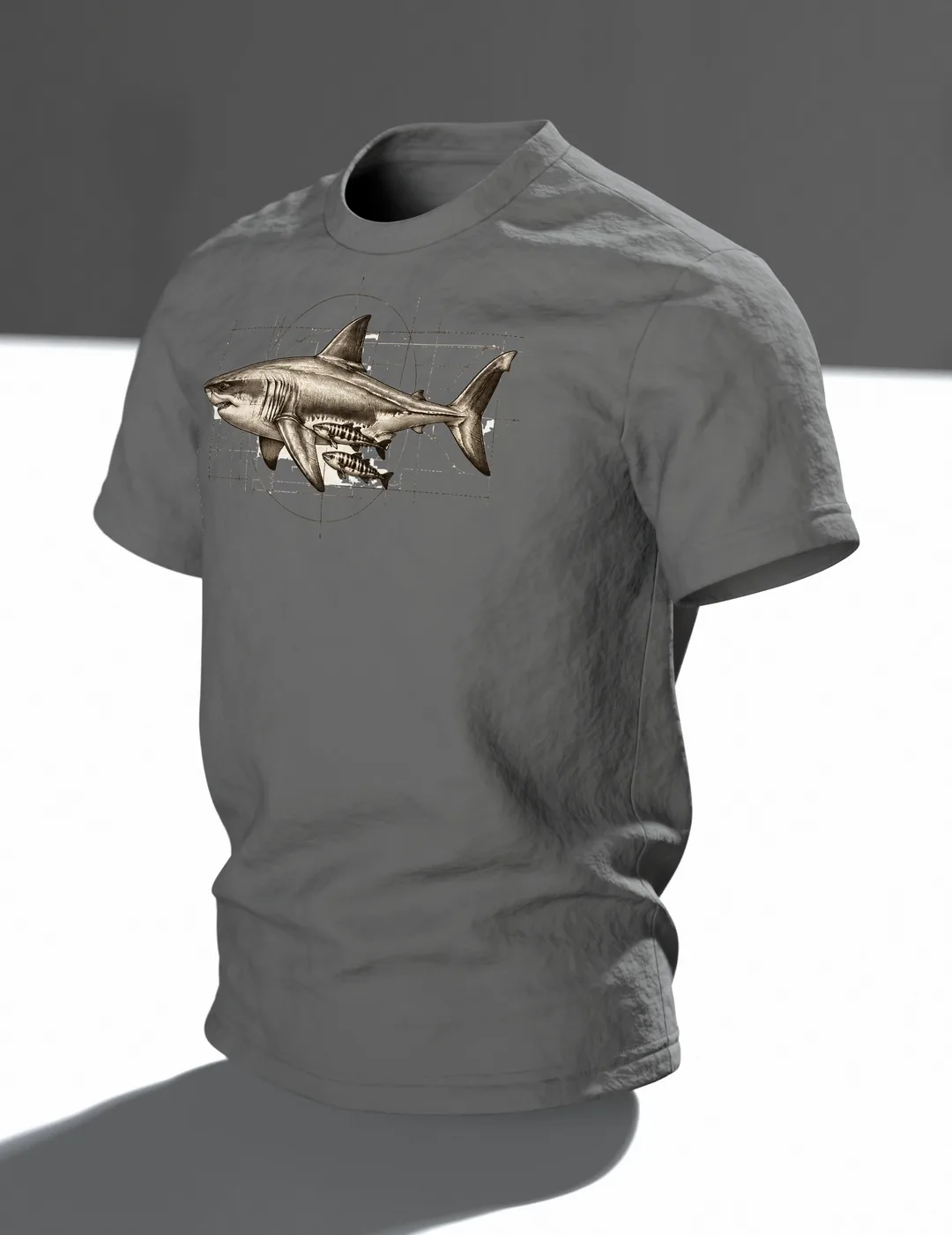 Weißer Hai Naturkunde Tafel T-Shirt: Vintage Wissenschaftsdesign, Im Raum, schräg
