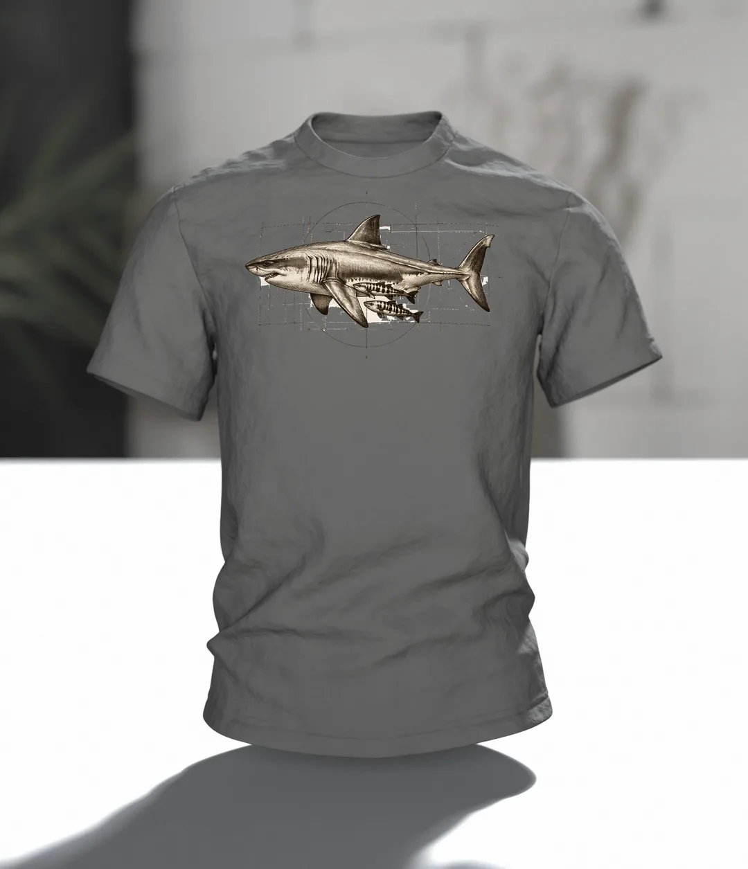 Weißer Hai Naturkunde Tafel T-Shirt: Vintage Wissenschaftsdesign, Im Raum