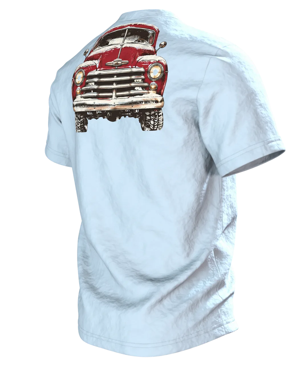 Vintage Pickup Tannenbaum T-Shirt: Weihnachtliches Retro Design, Rückseite schräg links