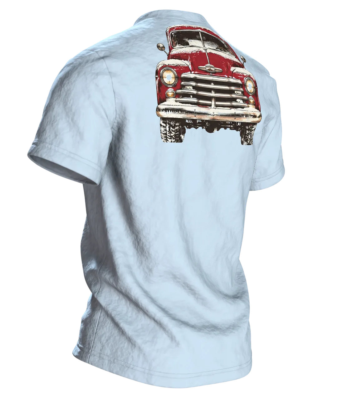 Vintage Pickup Tannenbaum T-Shirt: Weihnachtliches Retro Design, Rückseite schräg rechts