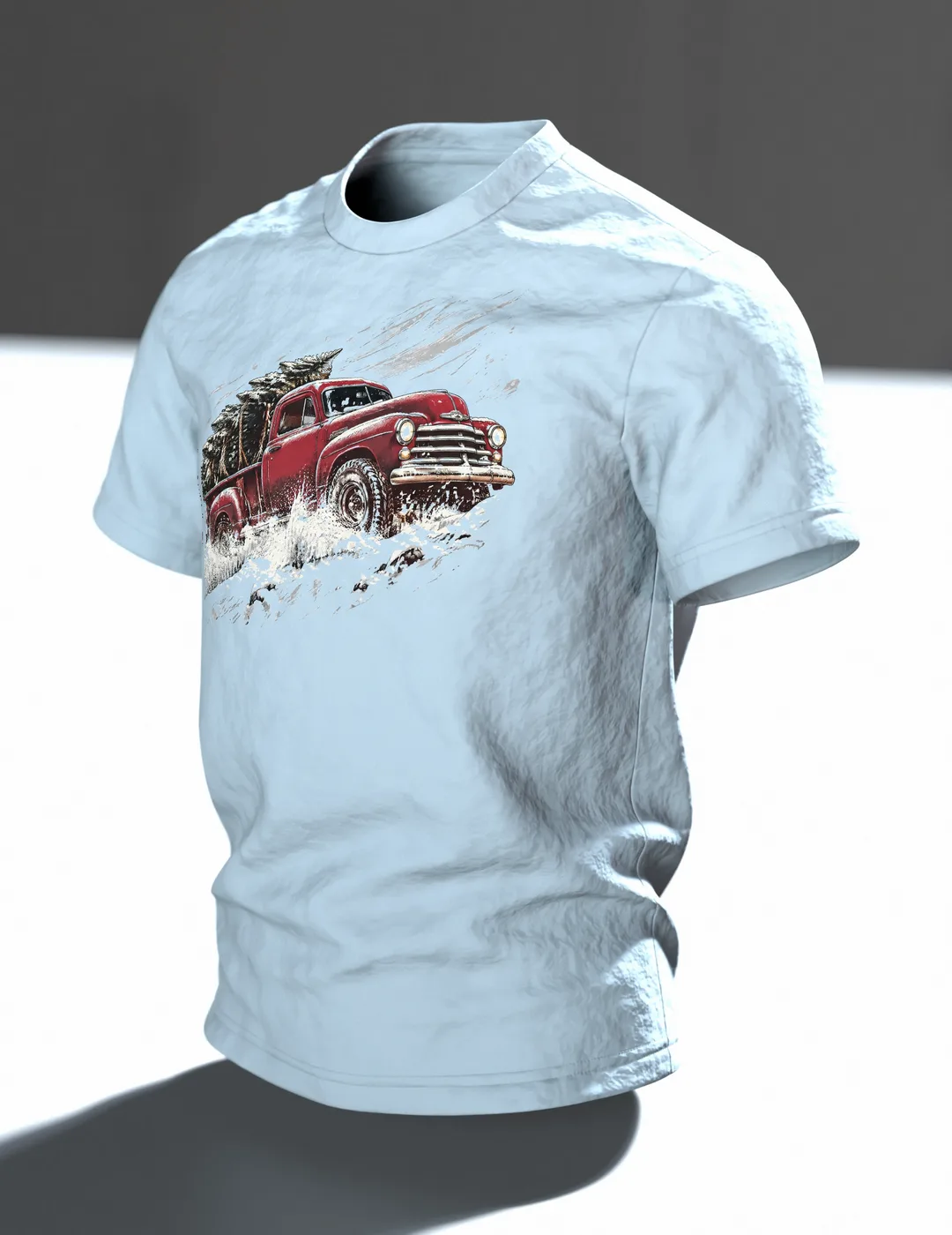 Vintage Pickup Tannenbaum T-Shirt: Weihnachtliches Retro Design, Im Raum, schräg
