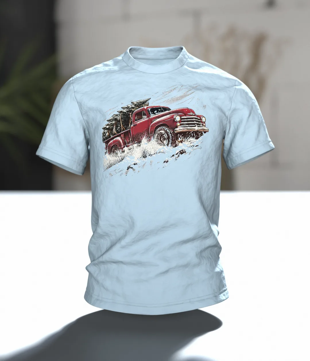 Vintage Pickup Tannenbaum T-Shirt: Weihnachtliches Retro Design, Im Raum