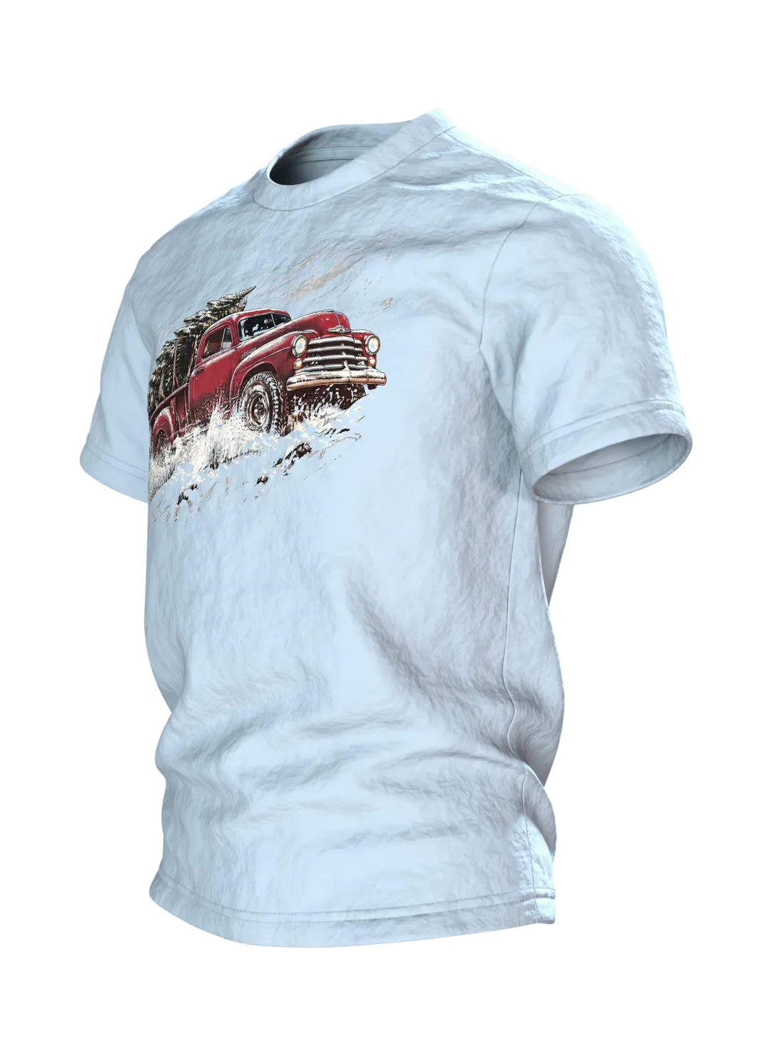 Vintage Pickup Tannenbaum T-Shirt: Weihnachtliches Retro Design, Seitenansicht rechts