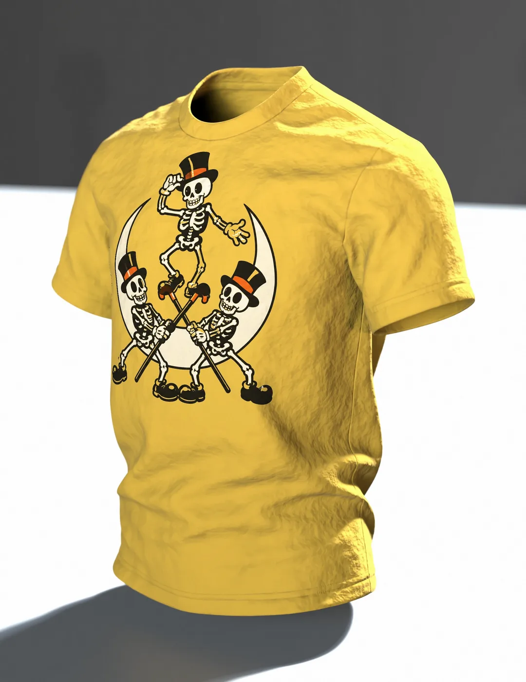 Tanzende Skelette im Mondschein T-Shirt: Comic Stil frech & fröhlich, Im Raum, schräg