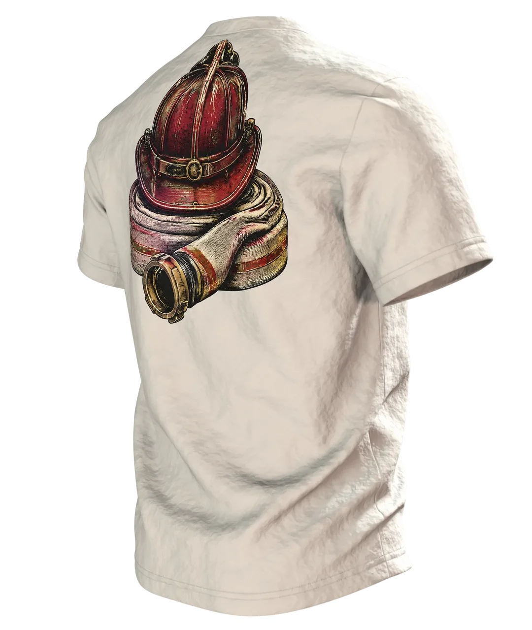 Feuerwehr Vintage-Emblem T-Shirt mit Helm, Axt, Strahlrohr und Lorbeerkranz, Rückseite schräg links