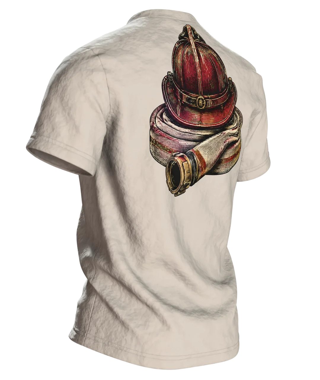 Feuerwehr Vintage-Emblem T-Shirt mit Helm, Axt, Strahlrohr und Lorbeerkranz, Rückseite schräg rechts