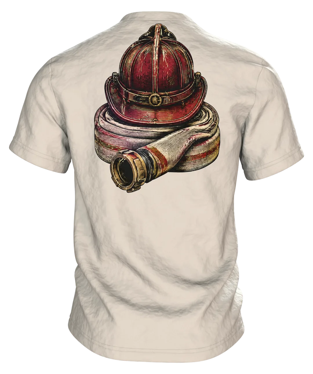 Feuerwehr Vintage-Emblem T-Shirt mit Helm, Axt, Strahlrohr und Lorbeerkranz, Rückseite