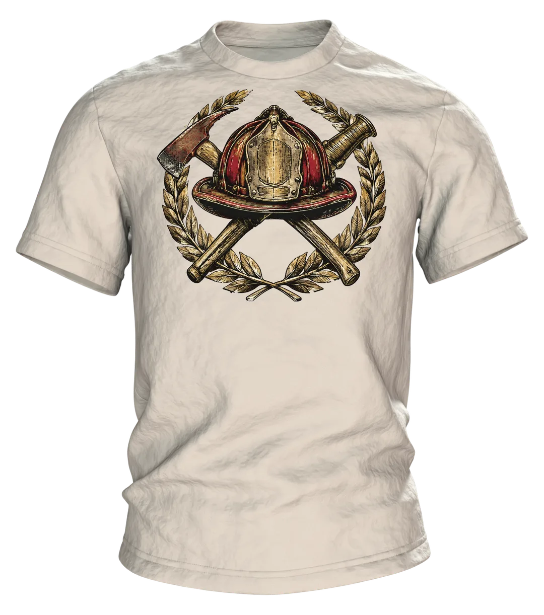Feuerwehr Vintage-Emblem T-Shirt mit Helm, Axt, Strahlrohr und Lorbeerkranz