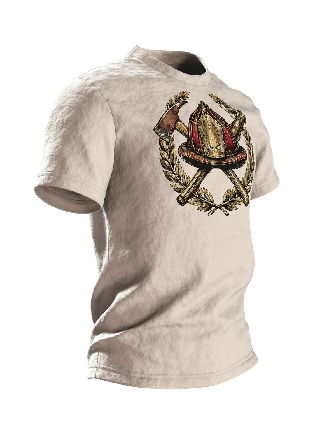 Feuerwehr Vintage-Emblem T-Shirt mit Helm, Axt, Strahlrohr und Lorbeerkranz, Seitenansicht links
