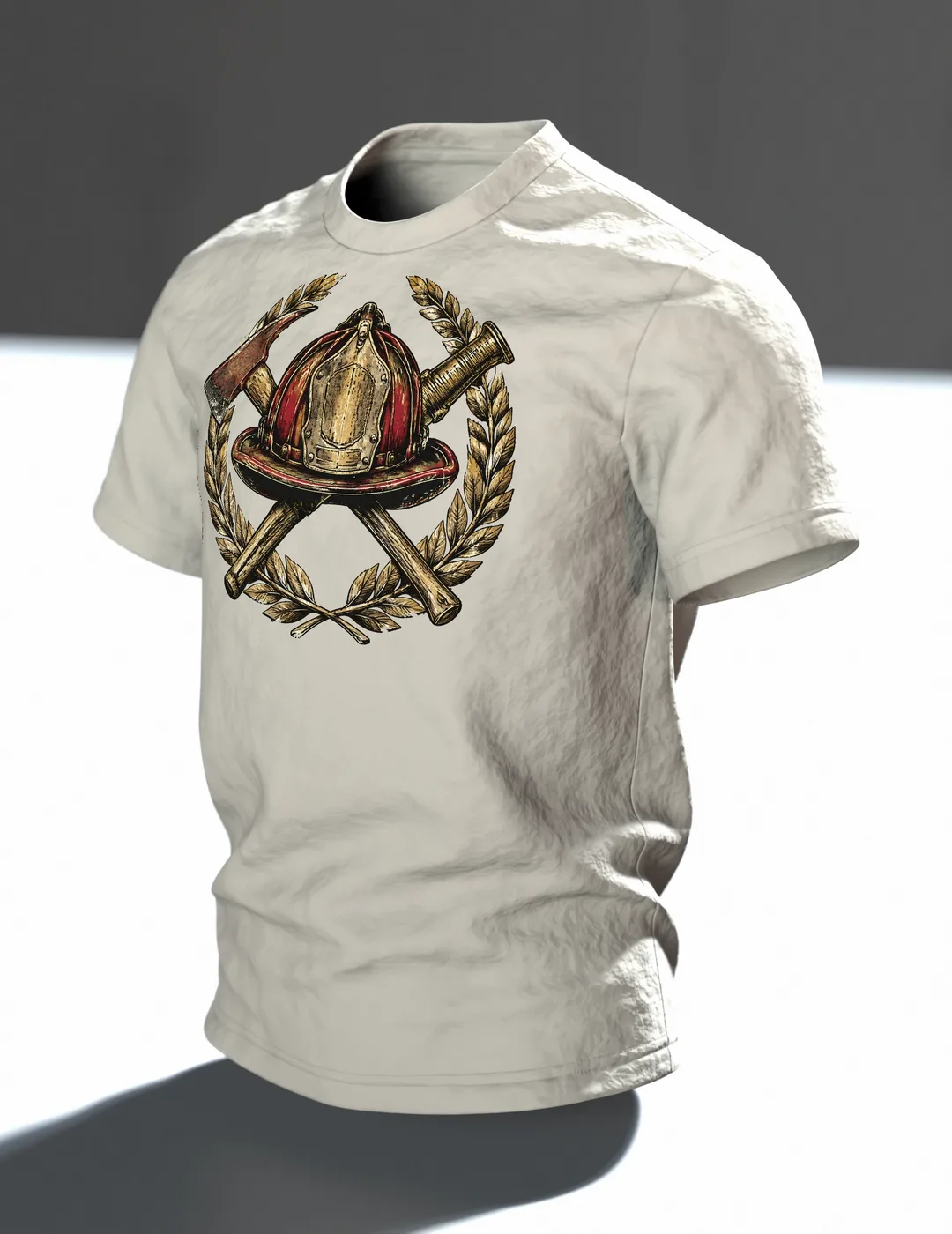 Feuerwehr Vintage-Emblem T-Shirt mit Helm, Axt, Strahlrohr und Lorbeerkranz, Im Raum, schräg