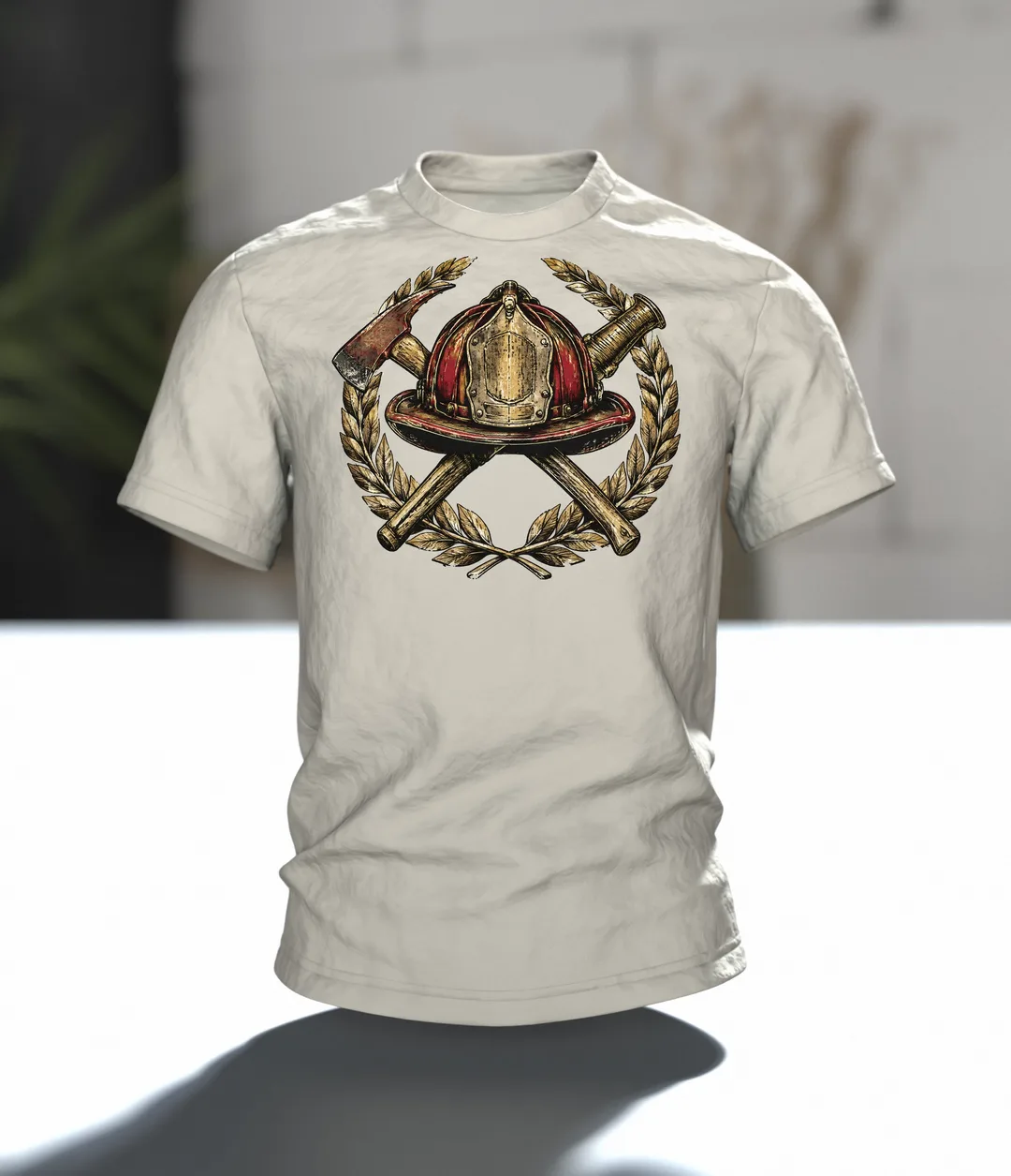 Feuerwehr Vintage-Emblem T-Shirt mit Helm, Axt, Strahlrohr und Lorbeerkranz, Im Raum