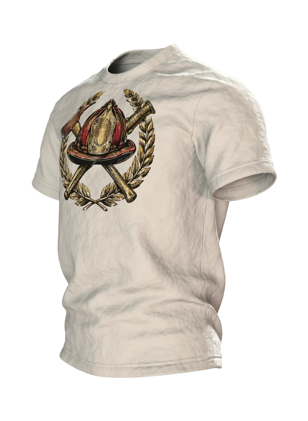 Feuerwehr Vintage-Emblem T-Shirt mit Helm, Axt, Strahlrohr und Lorbeerkranz, Seitenansicht rechts