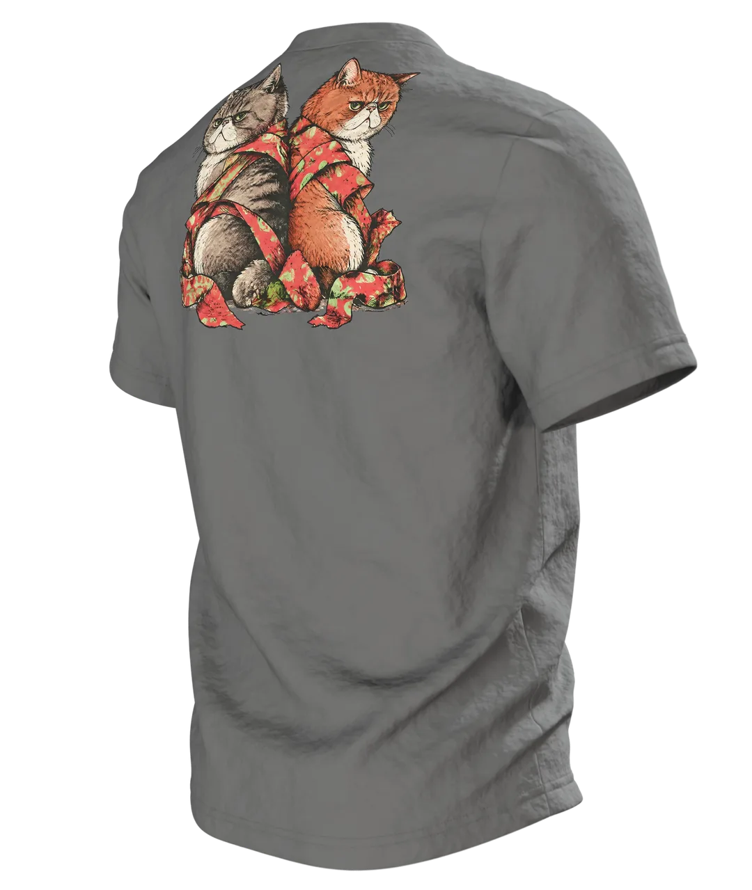 Mürrische Katze Weihnachtsmütze T-Shirt: Humorvolles Design, Rückseite schräg links