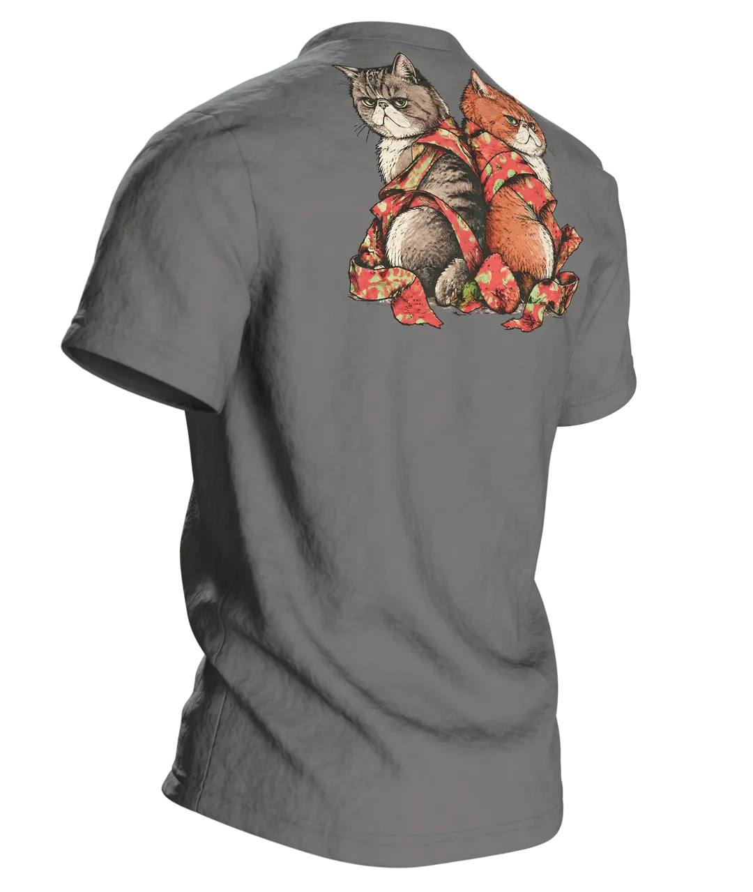 Mürrische Katze Weihnachtsmütze T-Shirt: Humorvolles Design, Rückseite schräg rechts
