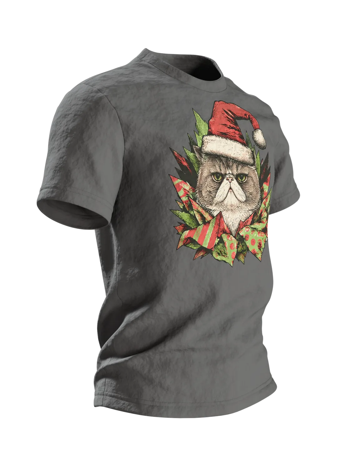 Mürrische Katze Weihnachtsmütze T-Shirt: Humorvolles Design, Seitenansicht links