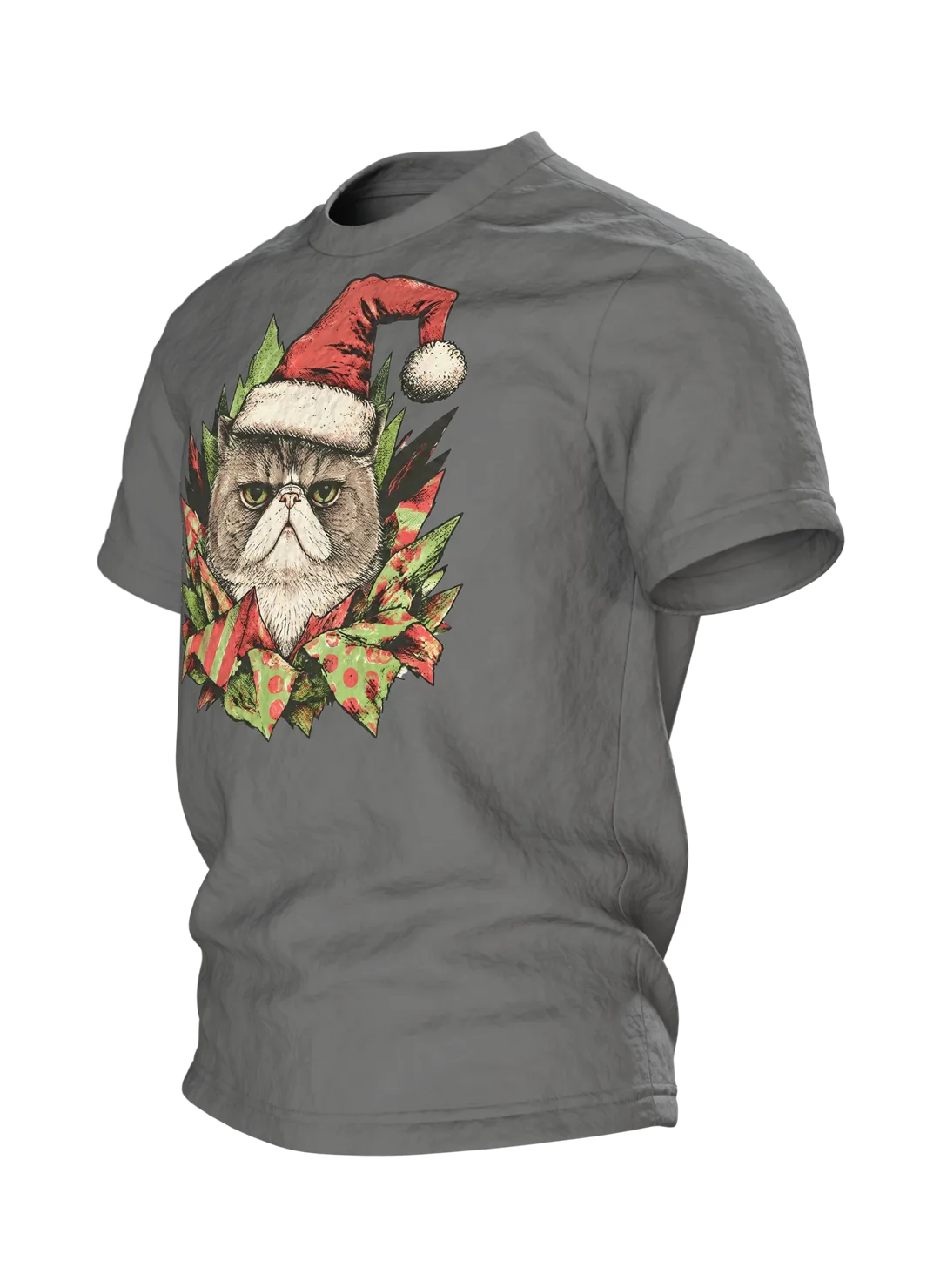Mürrische Katze Weihnachtsmütze T-Shirt: Humorvolles Design, Seitenansicht rechts