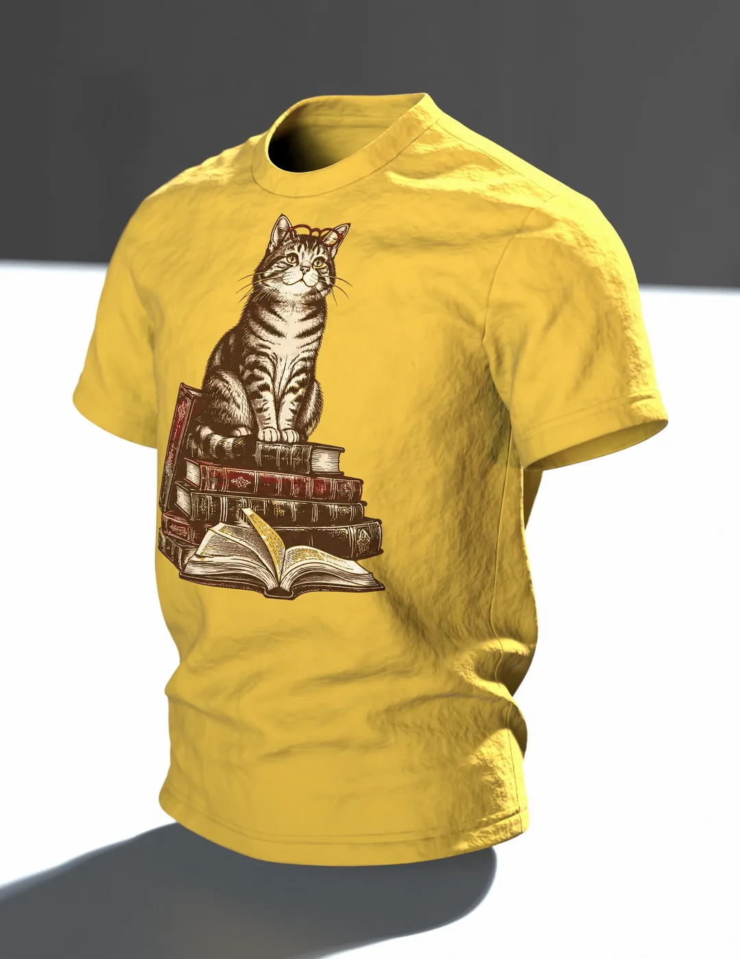 Lesende Katze auf Büchern T-Shirt: Gemütliches Lese-Design, In context, angled