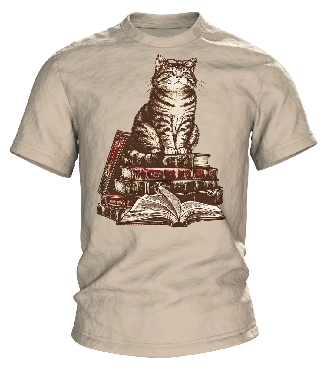 Lesende Katze auf Büchern T-Shirt: Gemütliches Lese-Design