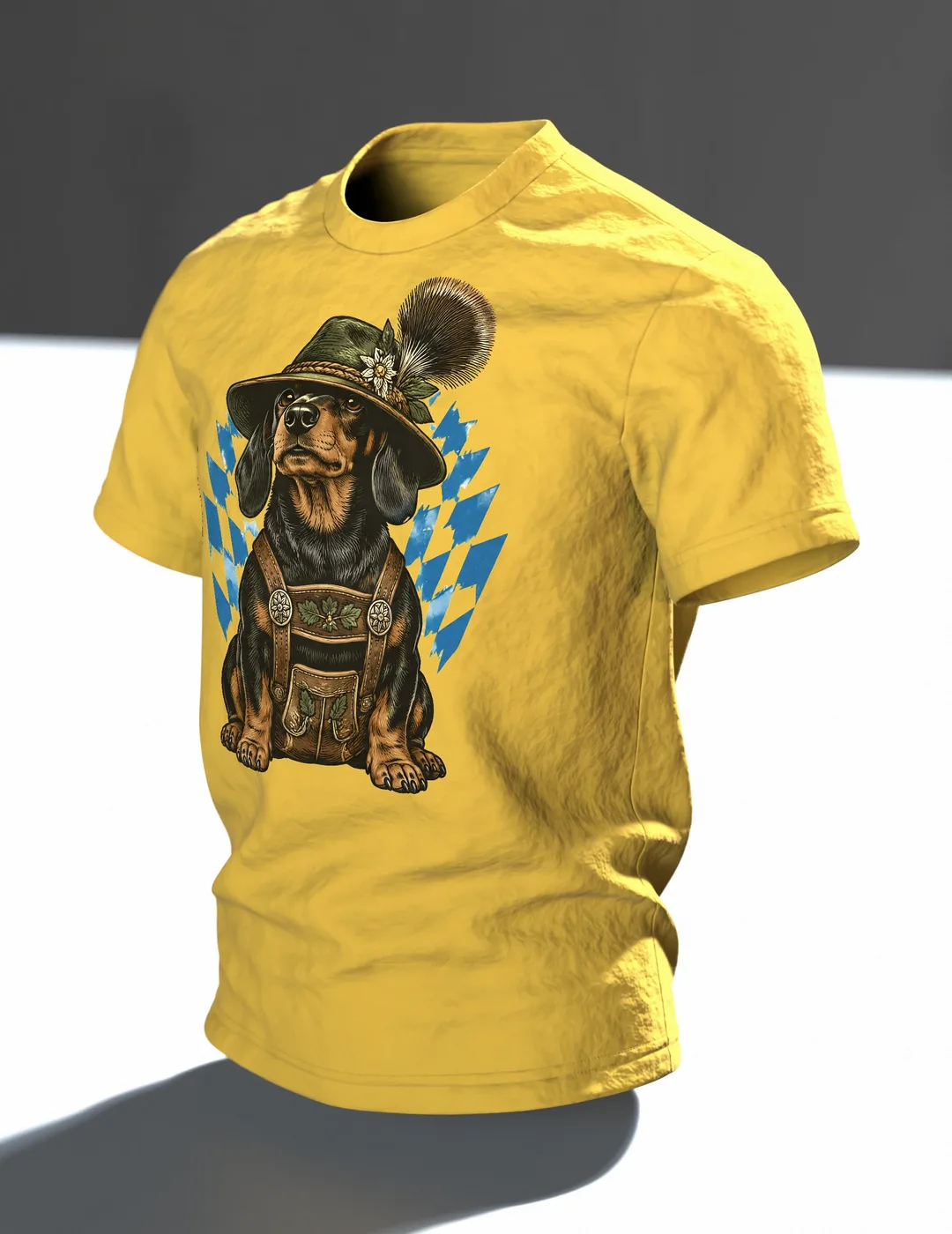 Bayerischer Dackel T-Shirt: Originelles Alpen-Design, Im Raum, schräg