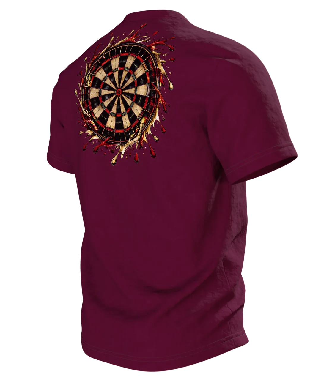 Bullseye Dart mit Farbsplash T-Shirt: Dynamisches Sport Design, Rückseite schräg links