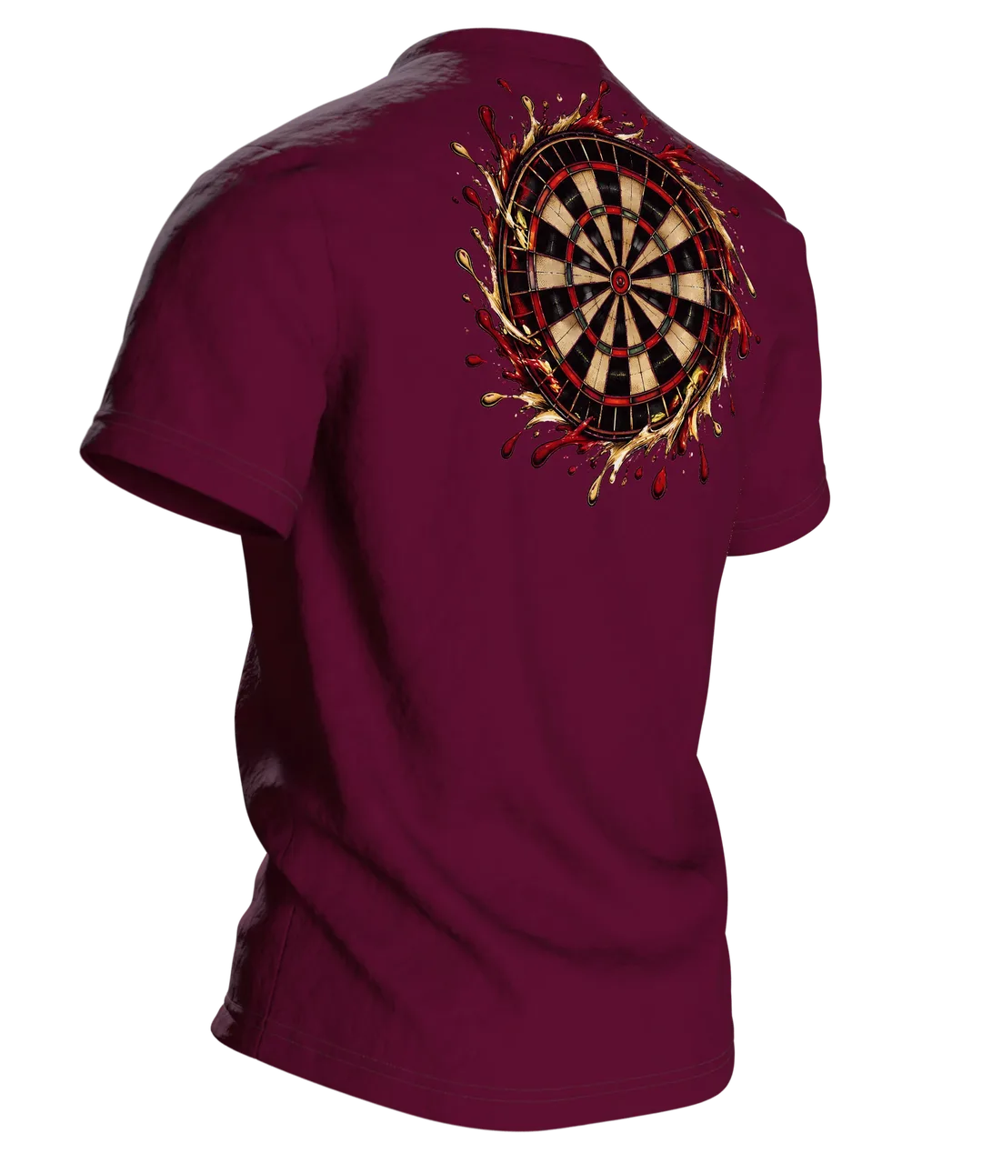 Bullseye Dart mit Farbsplash T-Shirt: Dynamisches Sport Design, Rückseite schräg rechts