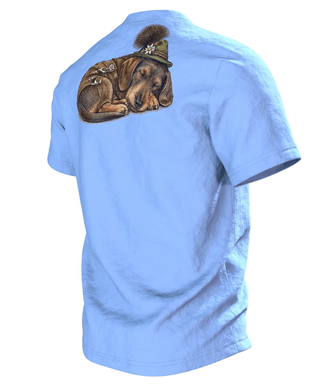 Dackel T-Shirt: Dackel in Lederhose mit Seppelhut und Gamsbart, Vintage-Kupferstich, Rückseite schräg links