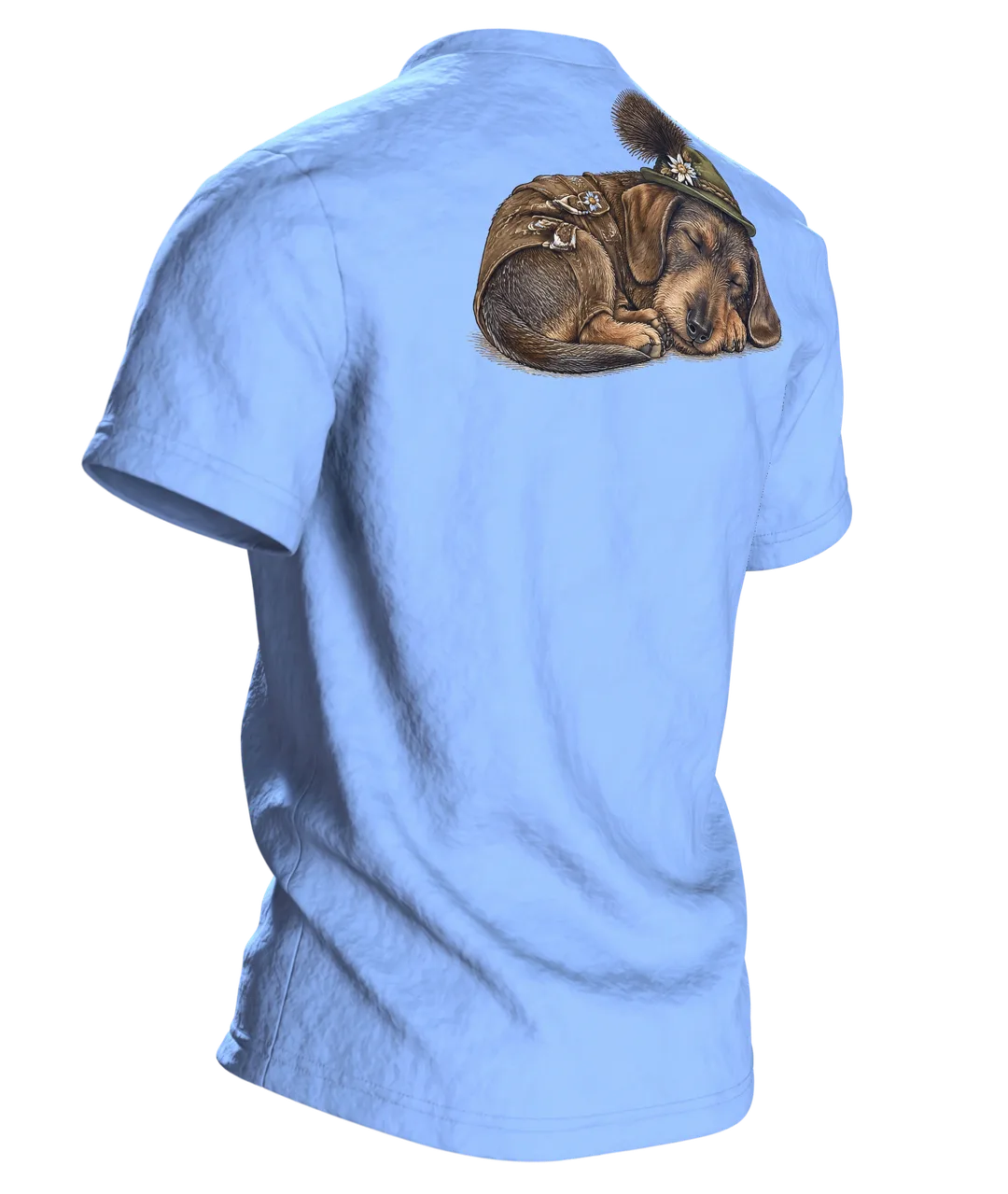 Dackel T-Shirt: Dackel in Lederhose mit Seppelhut und Gamsbart, Vintage-Kupferstich, Rückseite schräg rechts
