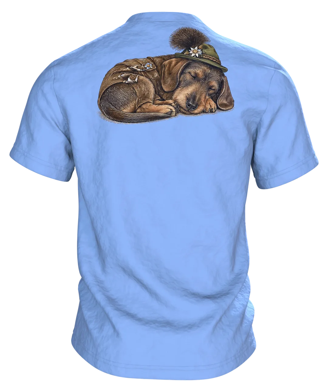 Dackel T-Shirt: Dackel in Lederhose mit Seppelhut und Gamsbart, Vintage-Kupferstich, Rückseite
