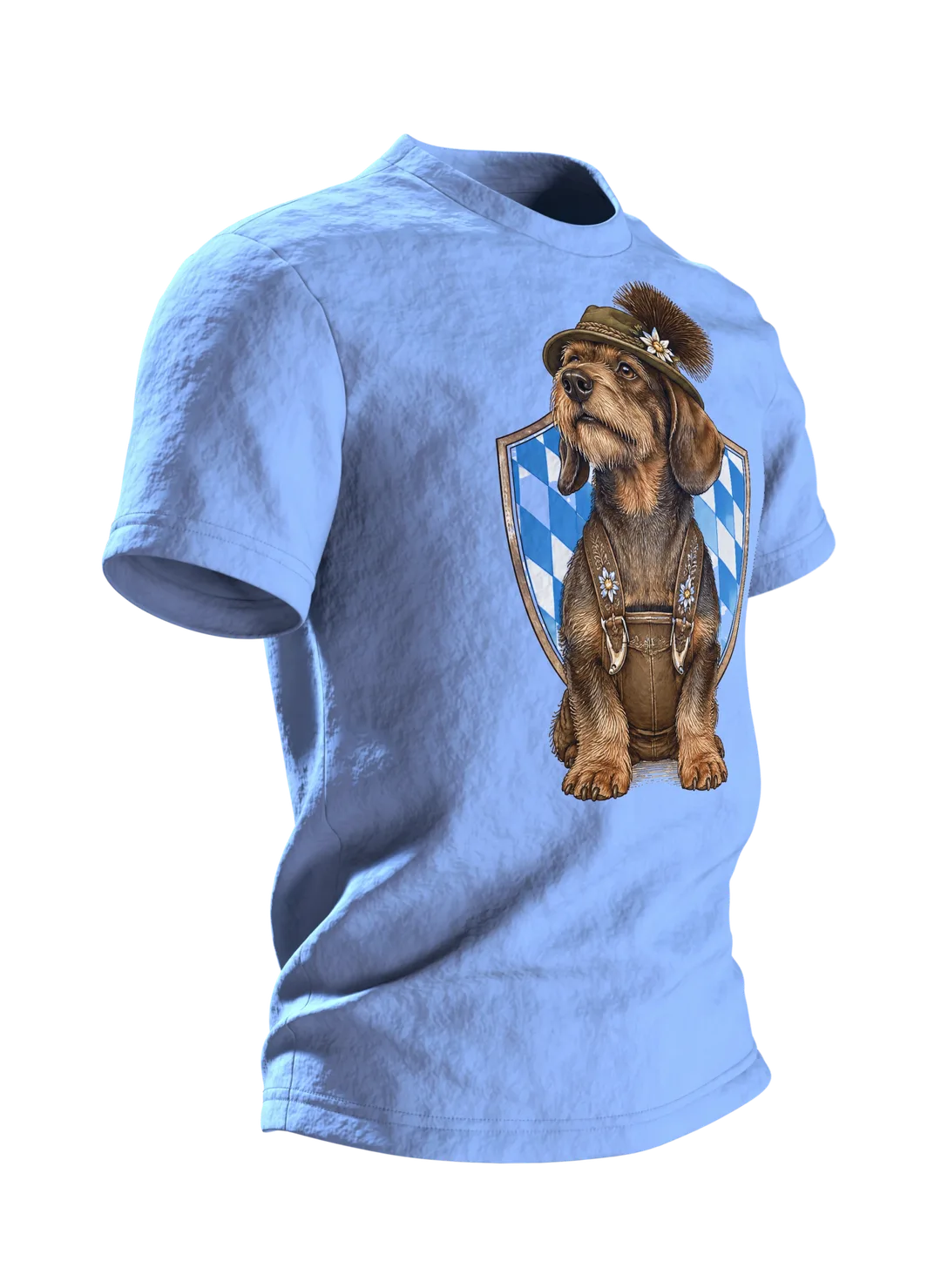 Dackel T-Shirt: Dackel in Lederhose mit Seppelhut und Gamsbart, Vintage-Kupferstich, Seitenansicht links