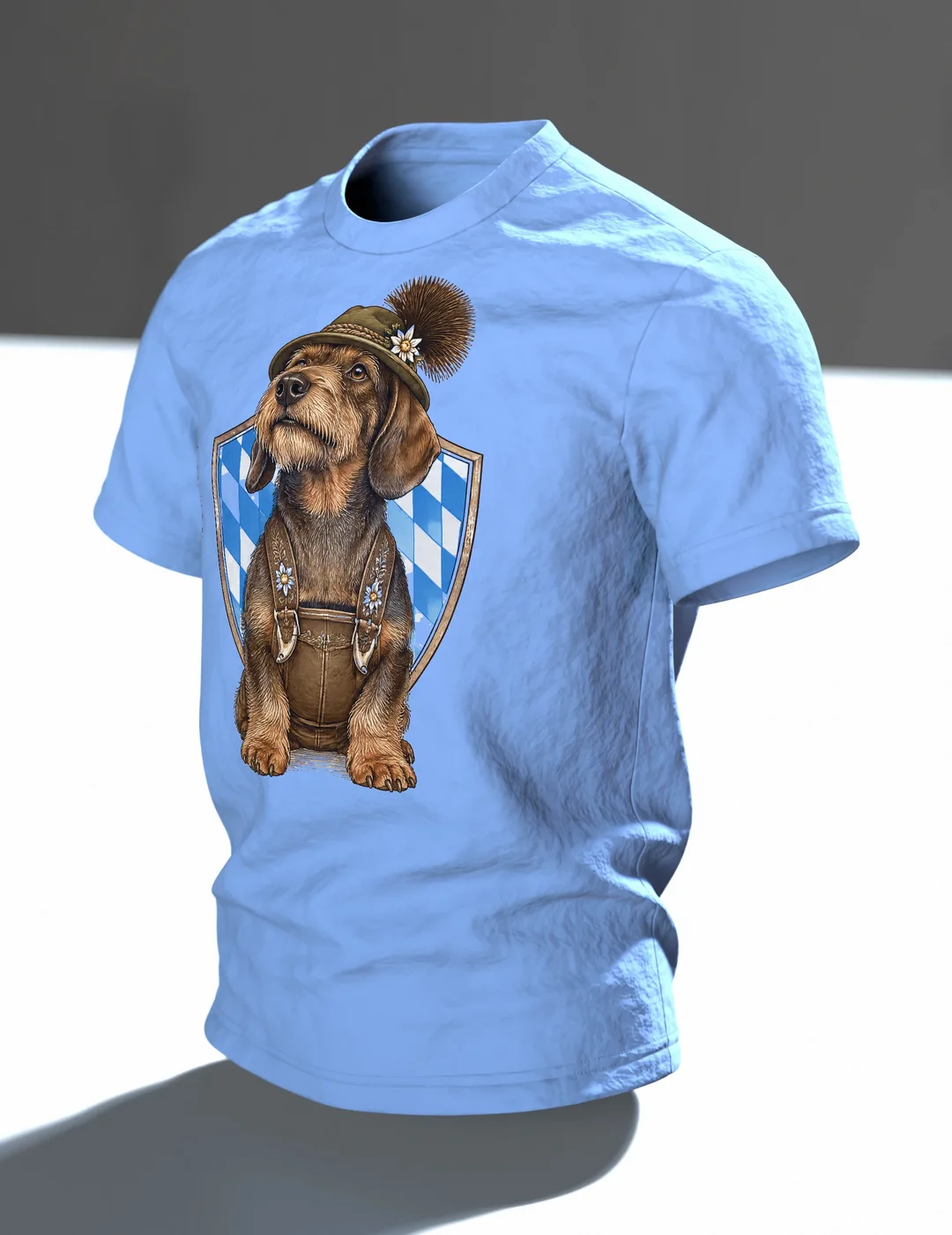 Dackel T-Shirt: Dackel in Lederhose mit Seppelhut und Gamsbart, Vintage-Kupferstich, Im Raum, schräg